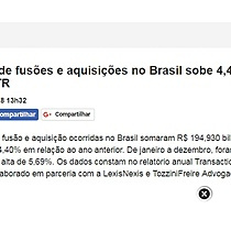 Valor total de fuses e aquisies no Brasil sobe 4,4% em 2017,diz TTR